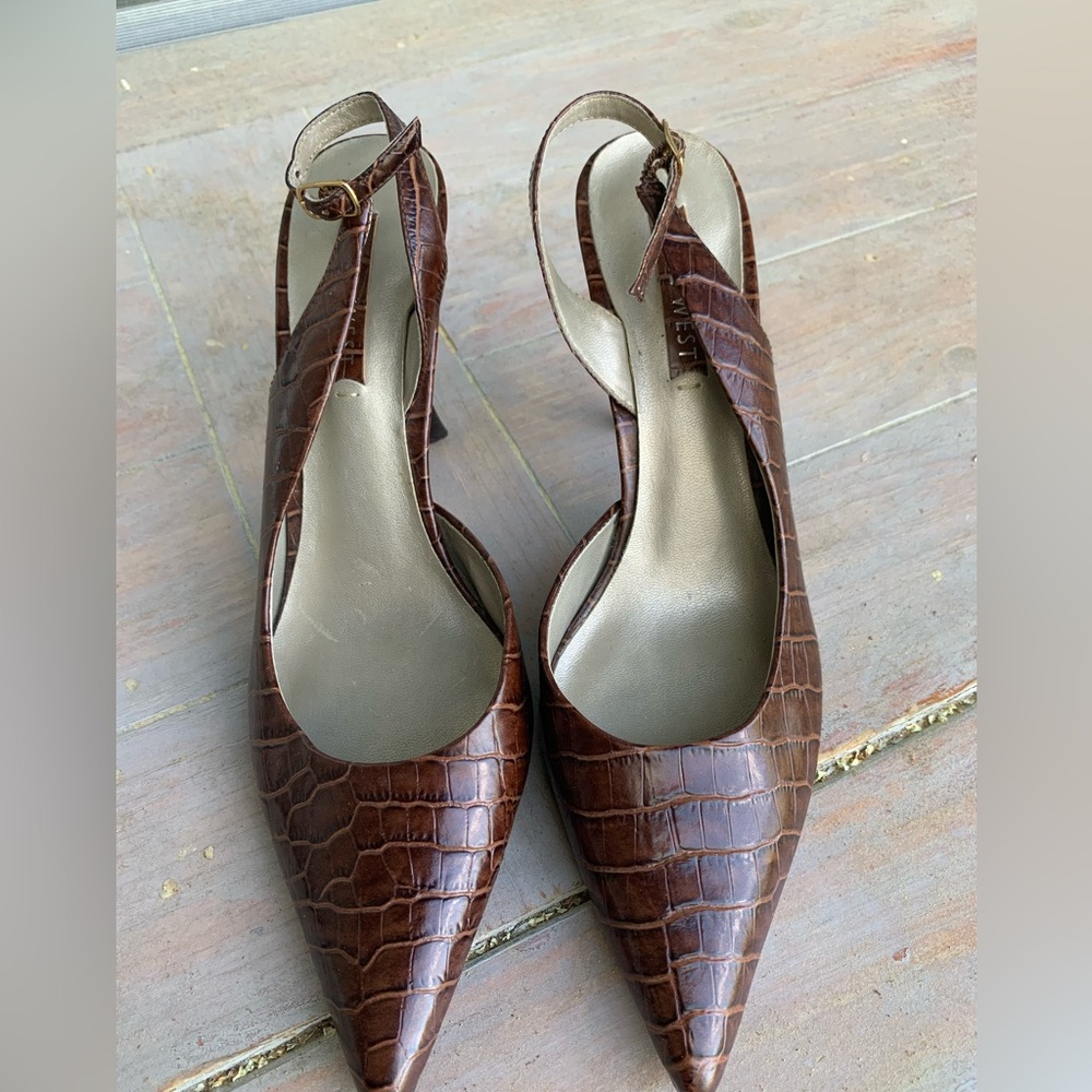 Nine West Brown Mock Croc-Embossed leather Strappy backless  Heels Size :8 - Picture 7 of 9